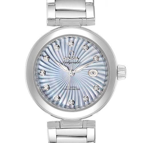 The image shows a front view of the Omega 425.30.34.20.57.002 Women's Stainless Steel Mother of Pearl Dial 425.30.34.20.57.002 Women's Stainless Steel Mother of Pearl Dial DeVille Ladymatic Blue MOP Diamond Ladies Watch 425.30.34.20.57.002.