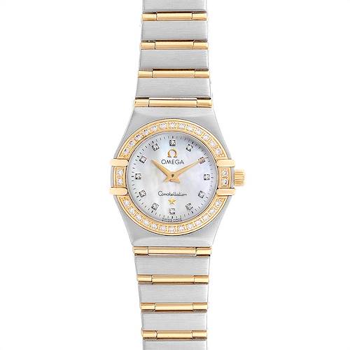 This image shows a front view of the Omega 1267.75.00 Women's Steel and Gold (two tone) Mother of Pearl Dial 1267.75.00 Women's Steel and Gold (two tone) Mother of Pearl Dial Constellation 22 Mother of Pearl Diamond Ladies Watch 1267.75.00, highlighting the dial and bracelet.