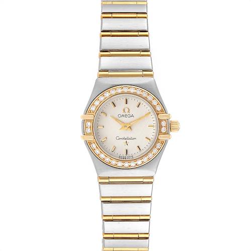 This image shows a front view of the Omega 1267.30.00 Women's Steel and Gold (two tone) Silver Dial 1267.30.00 Women's Steel and Gold (two tone) Silver Dial Constellation 95 Steel Yellow Gold Diamond Ladies Watch, model 1267.30.00.