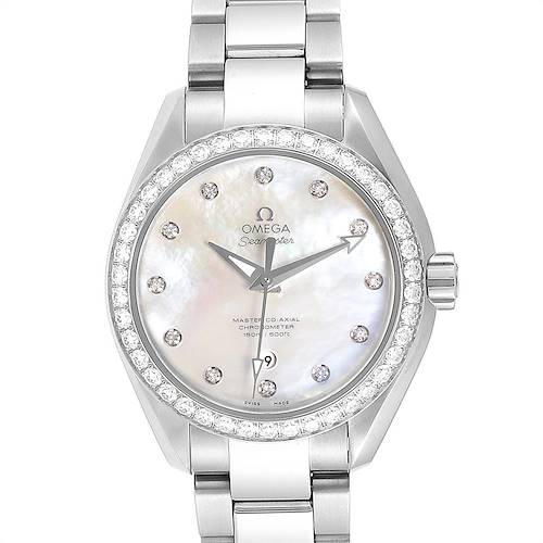 The image shows the face and bracelet of an Omega 231.15.34.20.55.002 Women's Stainless Steel Mother of Pearl Dial 231.15.34.20.55.002 Women's Stainless Steel Mother of Pearl Dial Aqua Terra 34 Steel Diamond Ladies Watch 231.15.34.20.55.002 from a frontal angle.