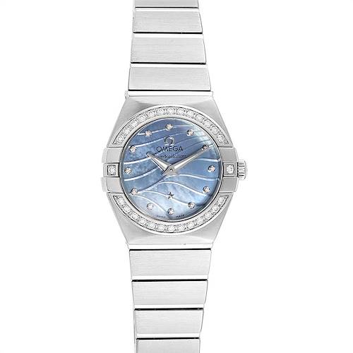 The image shows a front view of the Omega 123.15.24.60.57.001 Women's Stainless Steel Mother of Pearl Dial 123.15.24.60.57.001 Women's Stainless Steel Mother of Pearl Dial Constellation Quartz 24 MOP Diamond Watch 123.15.24.60.57.001, highlighting its dial, bezel, and bracelet.