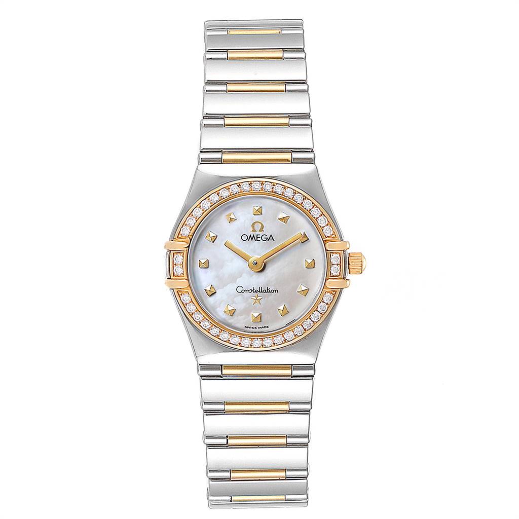 The Omega 1376.71.00 Women's Steel and Gold (two tone) Mother of Pearl Dial 1376.71.00 Women's Steel and Gold (two tone) Mother of Pearl Dial Constellation My Choice Steel Yellow Gold Diamond Watch 1376.71.00 is shown from a front angle, displaying the face, case, and bracelet.