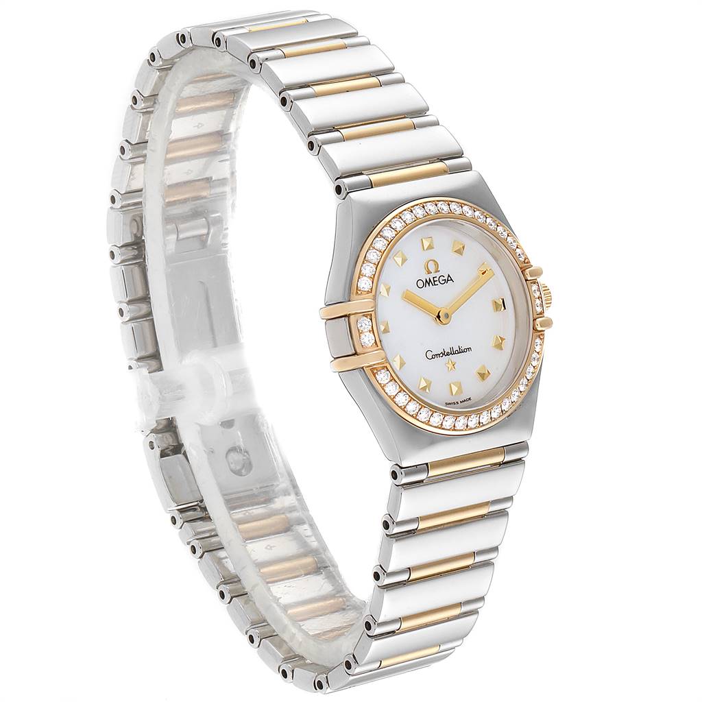 The image shows an Omega 1376.71.00 Women's Steel and Gold (two tone) Mother of Pearl Dial 1376.71.00 Women's Steel and Gold (two tone) Mother of Pearl Dial Constellation My Choice Steel Yellow Gold Diamond Watch 1376.71.00 at a 3/4 angle, revealing the face and band.