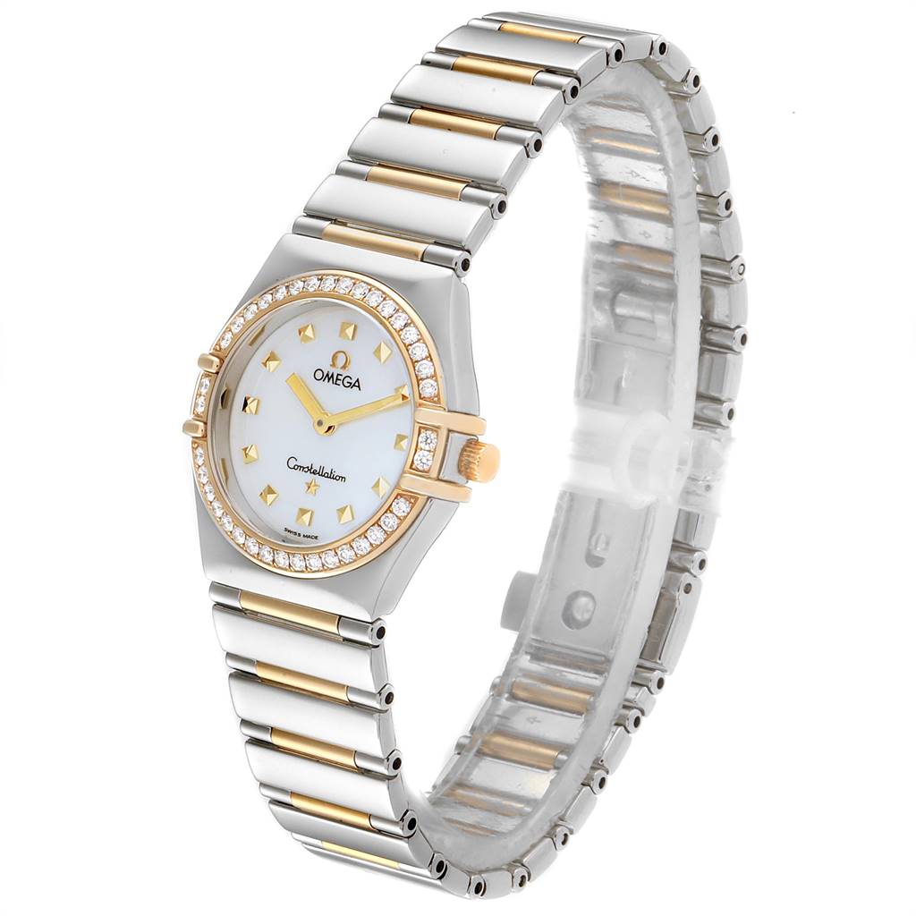 The image shows an angled view of an Omega 1376.71.00 Women's Steel and Gold (two tone) Mother of Pearl Dial 1376.71.00 Women's Steel and Gold (two tone) Mother of Pearl Dial Constellation My Choice Steel Yellow Gold Diamond Watch 1376.71.00, highlighting the bracelet and face.