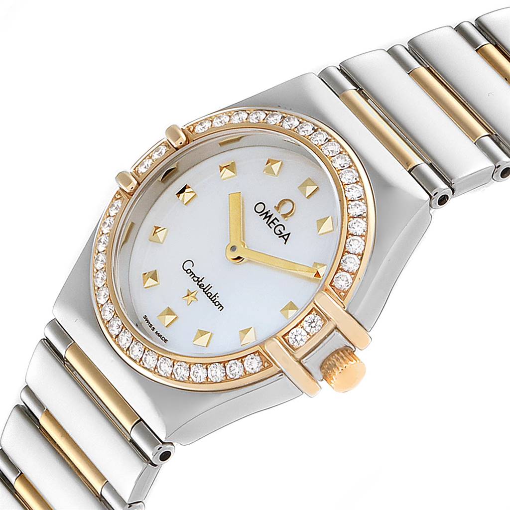 The image shows a close-up of an Omega 1376.71.00 Women's Steel and Gold (two tone) Mother of Pearl Dial 1376.71.00 Women's Steel and Gold (two tone) Mother of Pearl Dial Constellation My Choice 1376.71.00 watch, focusing on the face, bezel, and part of the bracelet.