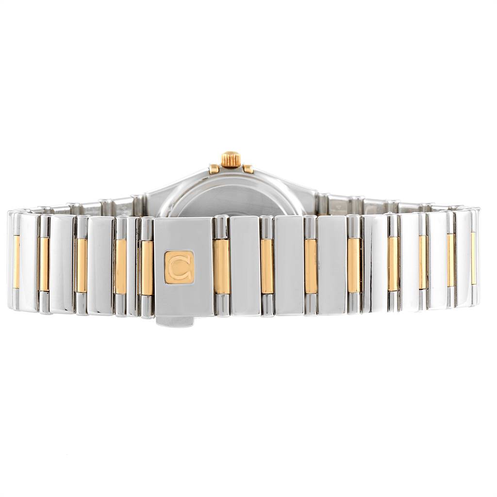 The image shows the back view of the Omega 1376.71.00 Women's Steel and Gold (two tone) Mother of Pearl Dial 1376.71.00 Women's Steel and Gold (two tone) Mother of Pearl Dial Constellation My Choice Steel Yellow Gold Diamond Watch 1376.71.00, highlighting its bracelet.