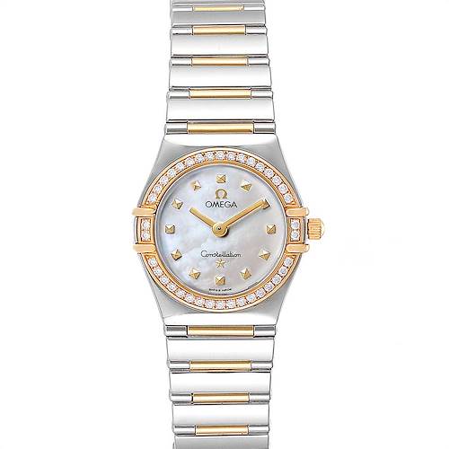 This image shows a full front view of the Omega 1376.71.00 Women's Steel and Gold (two tone) Mother of Pearl Dial 1376.71.00 Women's Steel and Gold (two tone) Mother of Pearl Dial Constellation My Choice Steel Yellow Gold Diamond Watch 1376.71.00, highlighting the dial and bracelet.