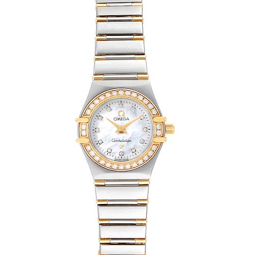 The Omega 1367.75.00 Women's Steel and Gold (two tone) Mother of Pearl Dial 1367.75.00 Women's Steel and Gold (two tone) Mother of Pearl Dial Constellation Steel Yellow Gold Diamond Ladies 1367.75.00 is shown from a top view, displaying its face, bezel, and bracelet.