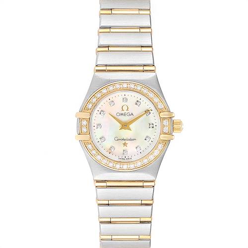 The Omega 1267.75.00 Women's Steel and Gold (two tone) Mother of Pearl Dial 1267.75.00 Women's Steel and Gold (two tone) Mother of Pearl Dial Constellation 95 Mother of Pearl Diamond Ladies Watch 1267.75.00 is shown from a top-down view highlighting the face and bracelet.