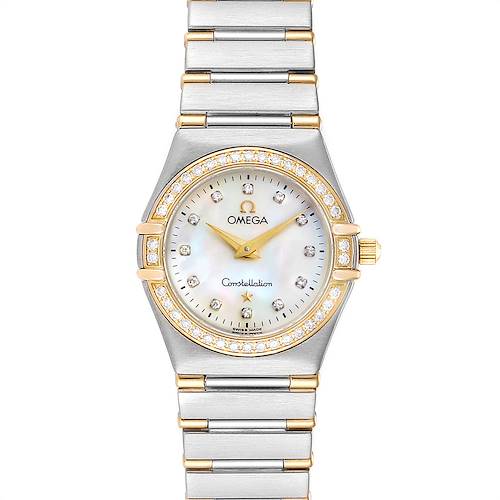 The image shows a frontal view of the Omega 1377.75.00 Women's Steel and Gold (two tone) Mother of Pearl Dial 1377.75.00 Women's Steel and Gold (two tone) Mother of Pearl Dial Constellation My Choice Steel Yellow Gold Diamond Watch 1377.75.00 model.