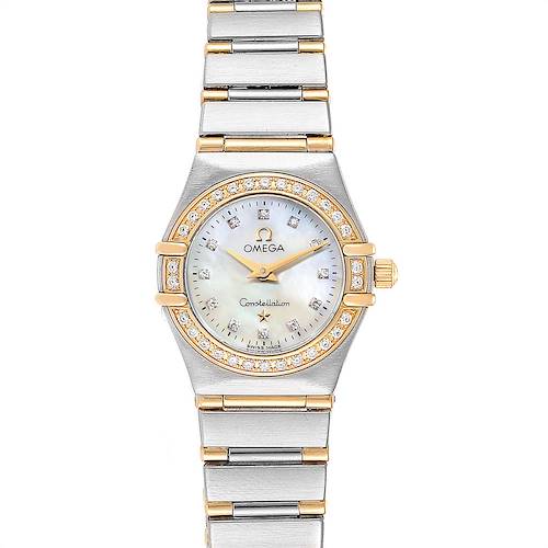 The Omega 1267.75.00 Women's Steel and Gold (two tone) Mother of Pearl Dial 1267.75.00 Women's Steel and Gold (two tone) Mother of Pearl Dial Constellation MOP Diamond Ladies Watch 1267.75.00 is shown from the front, displaying the dial, bezel, and bracelet.