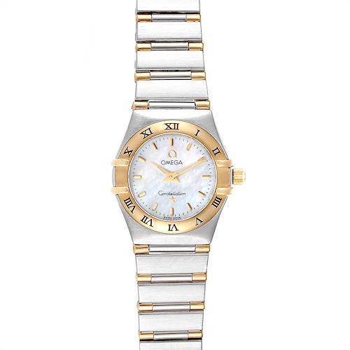 The image shows a front view of the Omega 1372.70.00 Women's Steel and Gold (two tone) Mother of Pearl Dial 1372.70.00 Women's Steel and Gold (two tone) Mother of Pearl Dial Constellation Steel Yellow Gold Mother of Pearl Ladies Watch.
