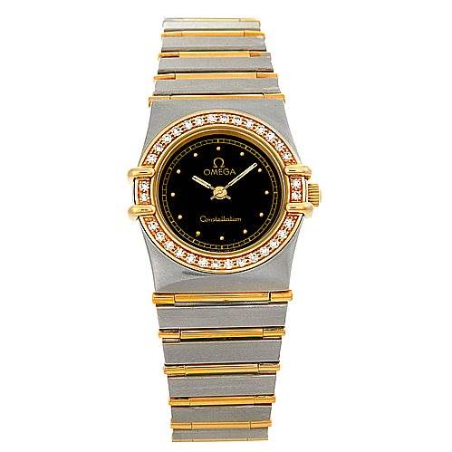 The image shows a frontal view of the Omega 1267.10.00 Women's Steel and Gold (two tone) Black Dial 1267.10.00 Women's Steel and Gold (two tone) Black Dial Constellation Diamond Mini 1267.10.00 watch, showcasing the dial, bezel, and bracelet.
