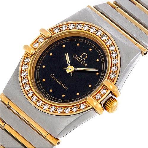 This image shows the face and bracelet of the Omega 1267.10.00 Women's Steel and Gold (two tone) Black Dial 1267.10.00 Women's Steel and Gold (two tone) Black Dial Constellation Diamond Mini 1267.10.00 Watch at a slight angle.