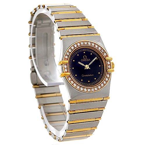 The image shows a side-angle view of the Omega 1267.10.00 Women's Steel and Gold (two tone) Black Dial 1267.10.00 Women's Steel and Gold (two tone) Black Dial Constellation Diamond Mini 1267.10.00 Watch, displaying the face, bezel, and bracelet.