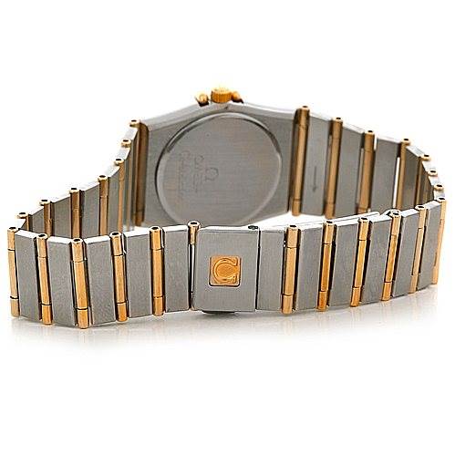 The image shows the back and bracelet of the Omega 1267.10.00 Women's Steel and Gold (two tone) Black Dial 1267.10.00 Women's Steel and Gold (two tone) Black Dial Constellation Diamond Mini 1267.10.00 watch.