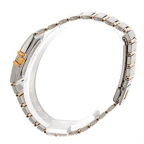 The image shows the side view of the band and clasp of an Omega 1267.10.00 Women's Steel and Gold (two tone) Black Dial 1267.10.00 Women's Steel and Gold (two tone) Black Dial Constellation Diamond Mini 1267.10.00 watch.