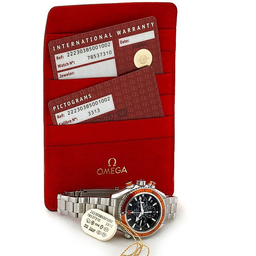 The image shows an Omega 222.30.38.50.01.002 Women's Stainless Steel Black Dial 222.30.38.50.01.002 Women's Stainless Steel Black Dial Seamaster Planet Ocean Ladies Watch 222.30.38.50.01.002 with warranty and pictogram cards.