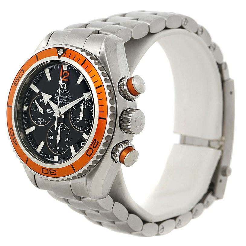 The Omega 222.30.38.50.01.002 Women's Stainless Steel Black Dial 222.30.38.50.01.002 Women's Stainless Steel Black Dial Seamaster Planet Ocean Ladies Watch 222.30.38.50.01.002 is shown at a front-side angle, highlighting the bezel, dial, and bracelet.