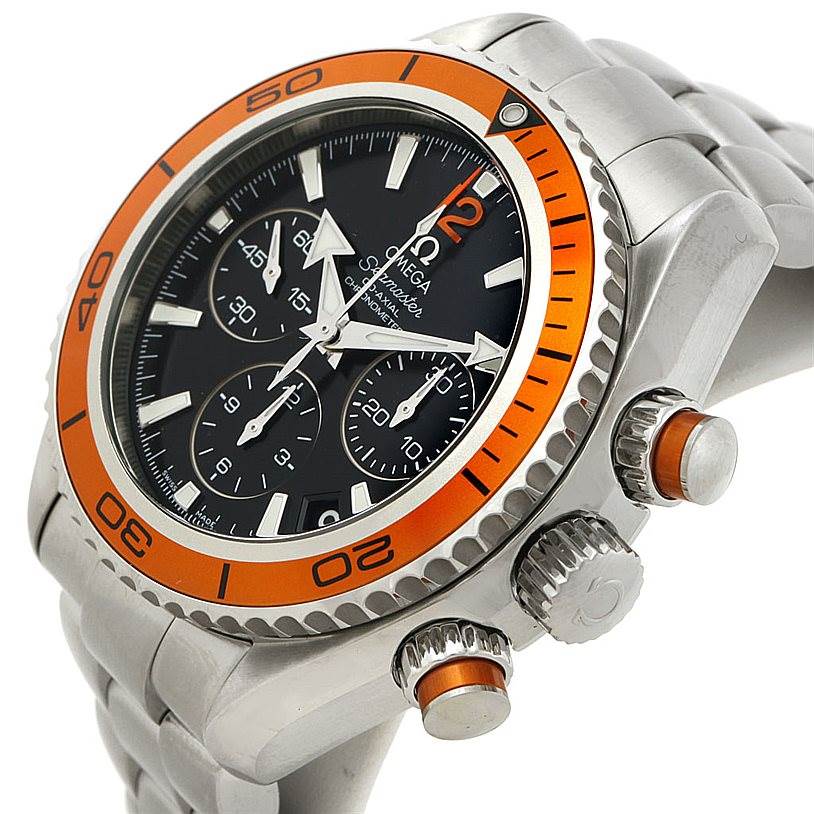 The Omega 222.30.38.50.01.002 Women's Stainless Steel Black Dial 222.30.38.50.01.002 Women's Stainless Steel Black Dial Seamaster Planet Ocean Ladies Watch 222.30.38.50.01.002 is shown at an angled side view, highlighting the dial, bezel, and pushers.