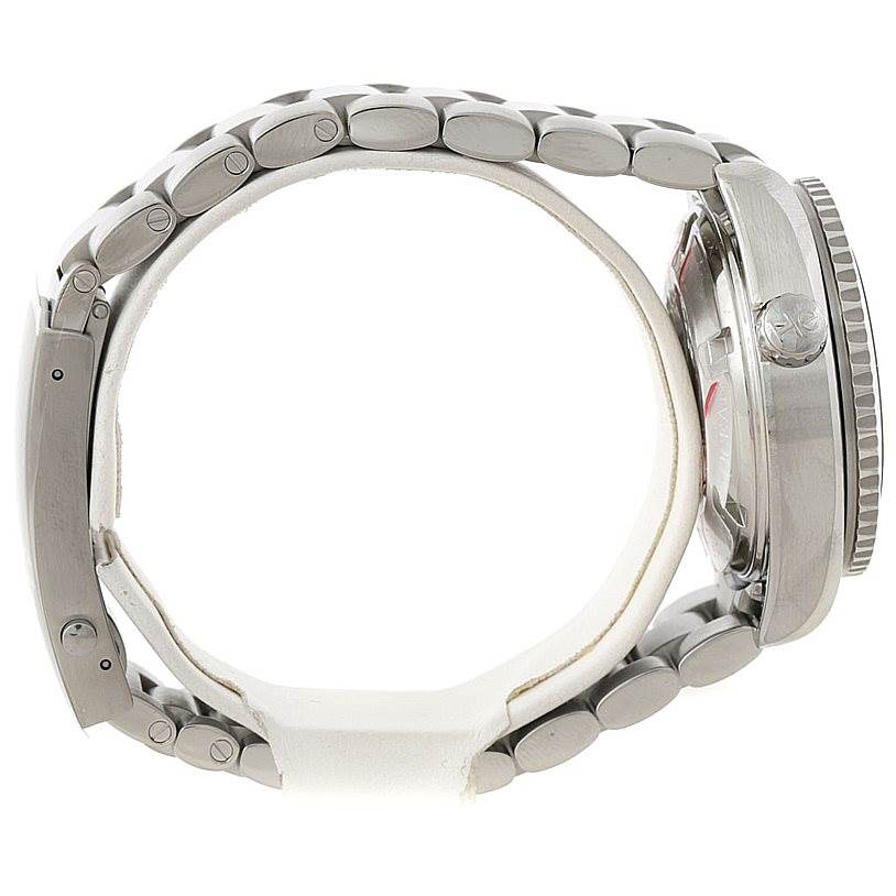 The image shows the side view of the case and bracelet of the Omega 222.30.38.50.01.002 Women's Stainless Steel Black Dial 222.30.38.50.01.002 Women's Stainless Steel Black Dial Seamaster Planet Ocean Ladies Watch 222.30.38.50.01.002 Unworn model.