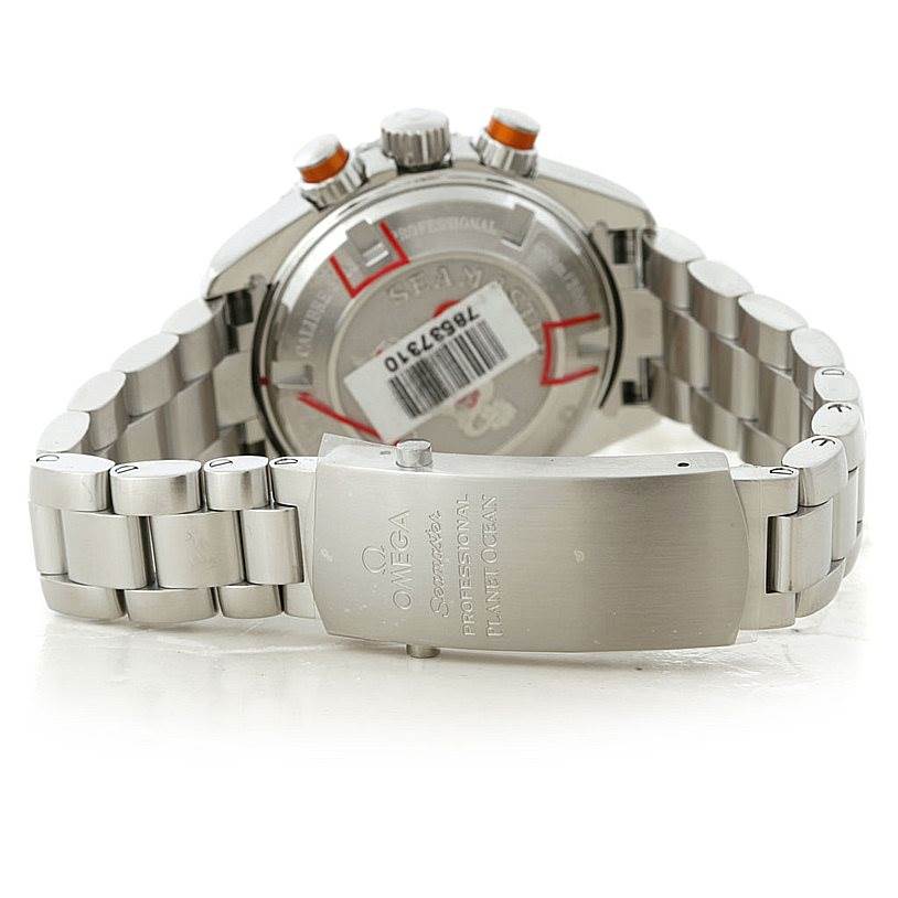 The image shows the back and clasp of the Omega 222.30.38.50.01.002 Women's Stainless Steel Black Dial 222.30.38.50.01.002 Women's Stainless Steel Black Dial Seamaster Planet Ocean Ladies Watch 222.30.38.50.01.002 Unworn model.