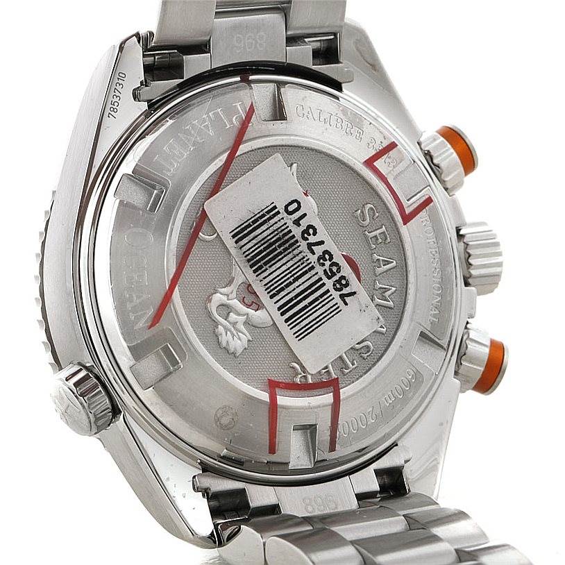 This image shows the back and part of the bracelet of the Omega 222.30.38.50.01.002 Women's Stainless Steel Black Dial 222.30.38.50.01.002 Women's Stainless Steel Black Dial Seamaster Planet Ocean Ladies Watch 222.30.38.50.01.002 Unworn model.