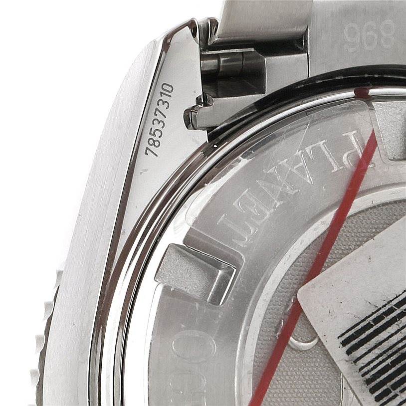 This image shows a close-up of the side and back of the Omega 222.30.38.50.01.002 Women's Stainless Steel Black Dial 222.30.38.50.01.002 Women's Stainless Steel Black Dial Seamaster Planet Ocean Ladies Watch 222.30.38.50.01.002.