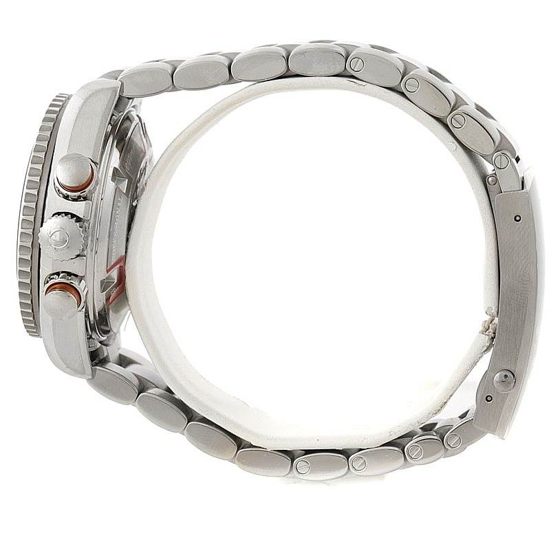 The image shows a side view of an Omega 222.30.38.50.01.002 Women's Stainless Steel Black Dial 222.30.38.50.01.002 Women's Stainless Steel Black Dial Seamaster Planet Ocean Ladies Watch 222.30.38.50.01.002, highlighting its bracelet and crown.