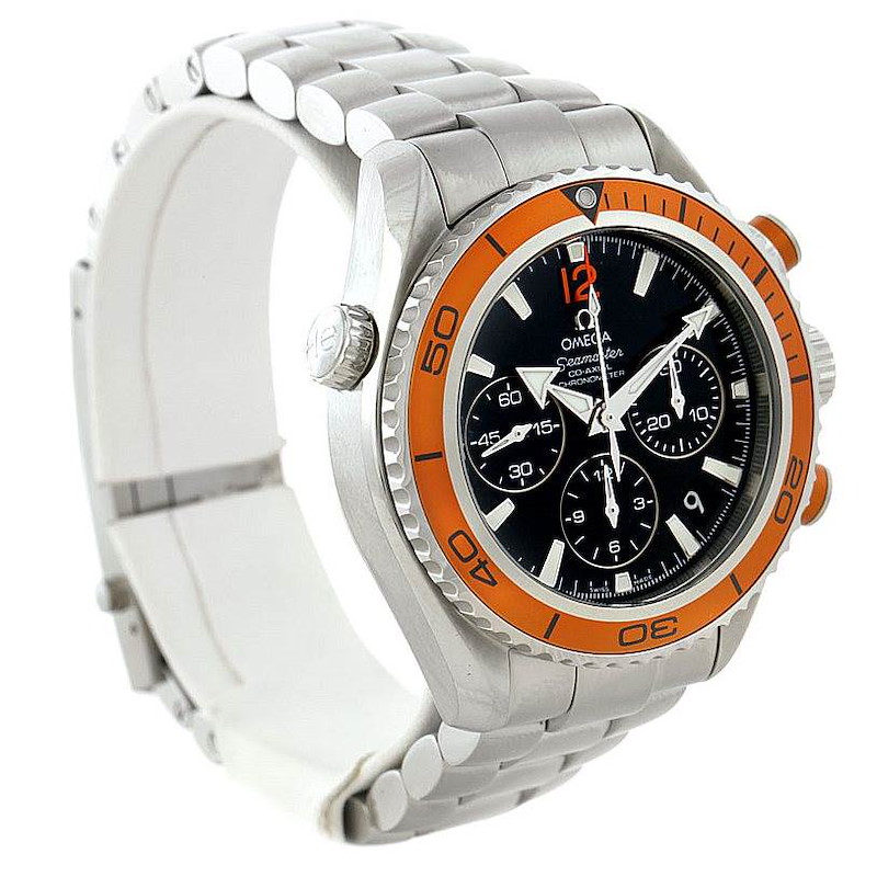 The image shows a side and front angle of the Omega 222.30.38.50.01.002 Women's Stainless Steel Black Dial 222.30.38.50.01.002 Women's Stainless Steel Black Dial Seamaster Planet Ocean Ladies Watch 222.30.38.50.01.002 with a stainless steel bracelet and an orange bezel.