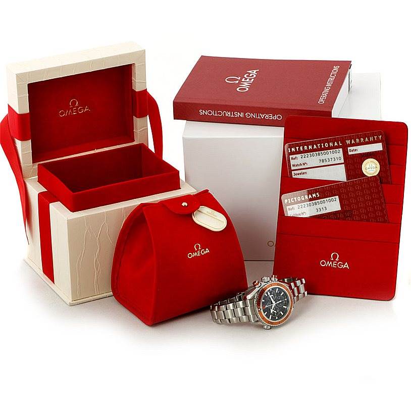 This image shows the Omega 222.30.38.50.01.002 Women's Stainless Steel Black Dial 222.30.38.50.01.002 Women's Stainless Steel Black Dial Seamaster Planet Ocean Ladies Watch model 222.30.38.50.01.002 with its box, manual, and warranty card from a front angle.