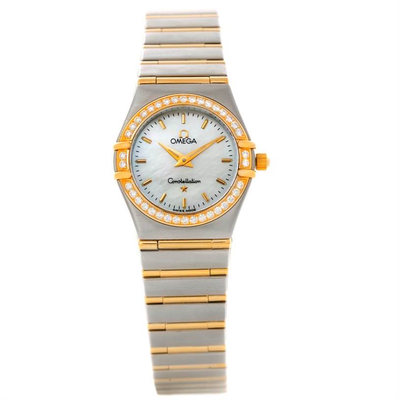 This image shows the face and bracelet of the Omega 1277.70.00 Women's Steel and Gold (two tone) Mother of Pearl Dial 1277.70.00 Women's Steel and Gold (two tone) Mother of Pearl Dial Constellation My Choice Steel Gold Diamond Watch 1277.70.00 in a straight-on angle.
