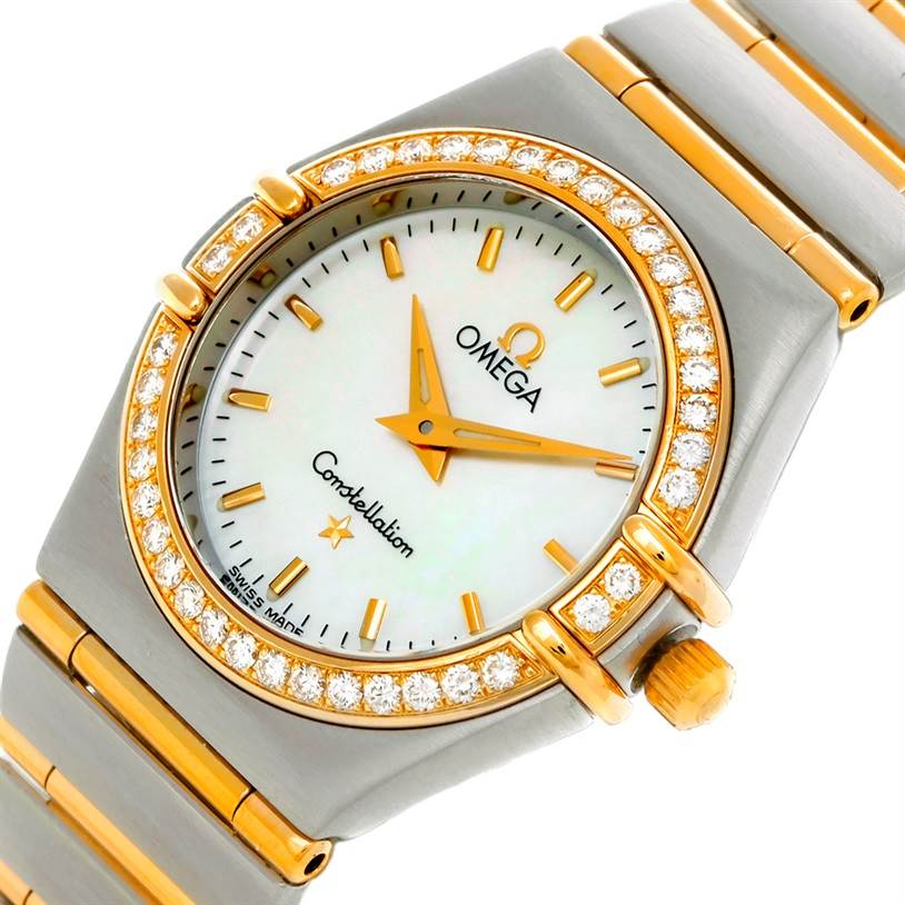 The image shows a close-up angled view of the Omega 1277.70.00 Women's Steel and Gold (two tone) Mother of Pearl Dial 1277.70.00 Women's Steel and Gold (two tone) Mother of Pearl Dial Constellation My Choice Steel Gold Diamond Watch 1277.70.00, highlighting the face, bezel, and part of the band.
