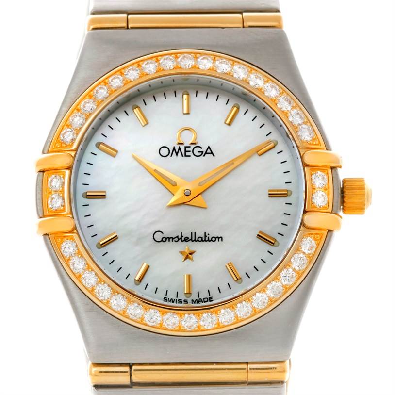 The image shows a front view of the Omega 1277.70.00 Women's Steel and Gold (two tone) Mother of Pearl Dial 1277.70.00 Women's Steel and Gold (two tone) Mother of Pearl Dial Constellation My Choice Steel Gold Diamond Watch 1277.70.00, displaying the face and bezel.