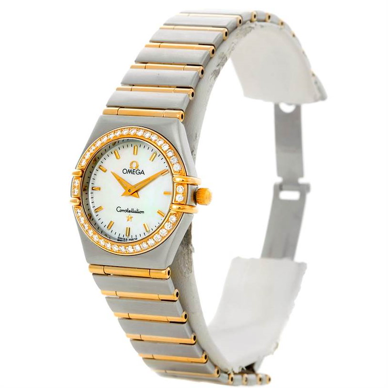The image shows an Omega 1277.70.00 Women's Steel and Gold (two tone) Mother of Pearl Dial 1277.70.00 Women's Steel and Gold (two tone) Mother of Pearl Dial Constellation My Choice Steel Gold Diamond Watch 1277.70.00 at a slight side angle, displaying the face, bracelet, and bezel.