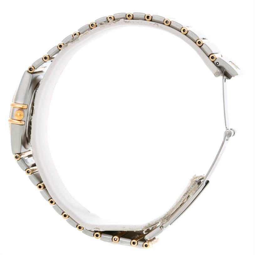 The image shows a side view of the Omega 1277.70.00 Women's Steel and Gold (two tone) Mother of Pearl Dial 1277.70.00 Women's Steel and Gold (two tone) Mother of Pearl Dial Constellation My Choice Steel Gold Diamond Watch 1277.70.00, highlighting its bracelet and clasp.