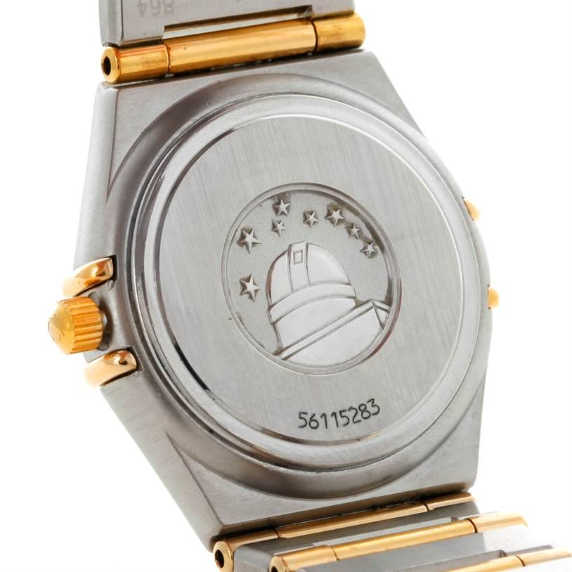 The image shows the back and part of the bracelet of the Omega 1277.70.00 Women's Steel and Gold (two tone) Mother of Pearl Dial 1277.70.00 Women's Steel and Gold (two tone) Mother of Pearl Dial Constellation My Choice Steel Gold Diamond Watch 1277.70.00.