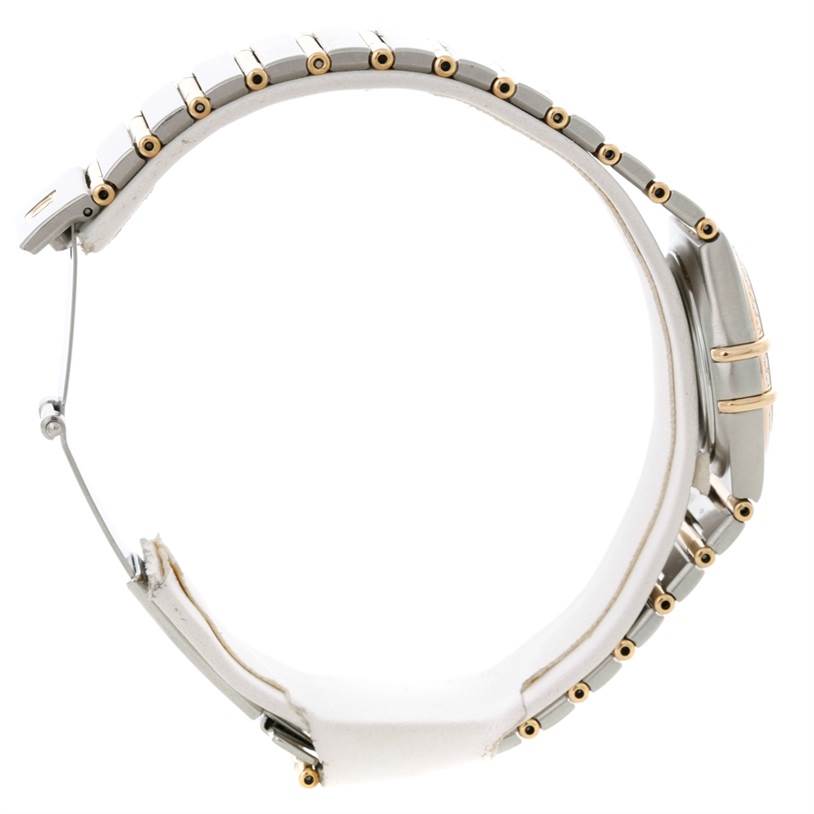 The image shows a side view of the Omega 1277.70.00 Women's Steel and Gold (two tone) Mother of Pearl Dial 1277.70.00 Women's Steel and Gold (two tone) Mother of Pearl Dial Constellation My Choice Steel Gold Diamond Watch 1277.70.00, highlighting its bracelet and clasp.