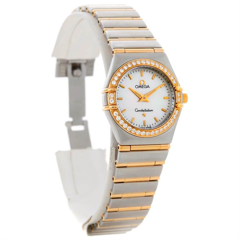 The image shows an Omega 1277.70.00 Women's Steel and Gold (two tone) Mother of Pearl Dial 1277.70.00 Women's Steel and Gold (two tone) Mother of Pearl Dial Constellation My Choice Steel Gold Diamond Watch 1277.70.00 from an angled view, displaying the face and bracelet.