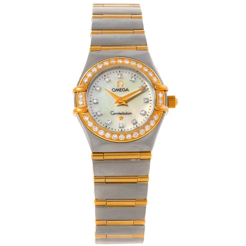 The image shows the front view of the Omega 1267.75.00 Women's Steel and Gold (two tone) Mother of Pearl Dial 1267.75.00 Women's Steel and Gold (two tone) Mother of Pearl Dial Constellation My Choice Steel Gold Diamond Watch 1267.75.00.