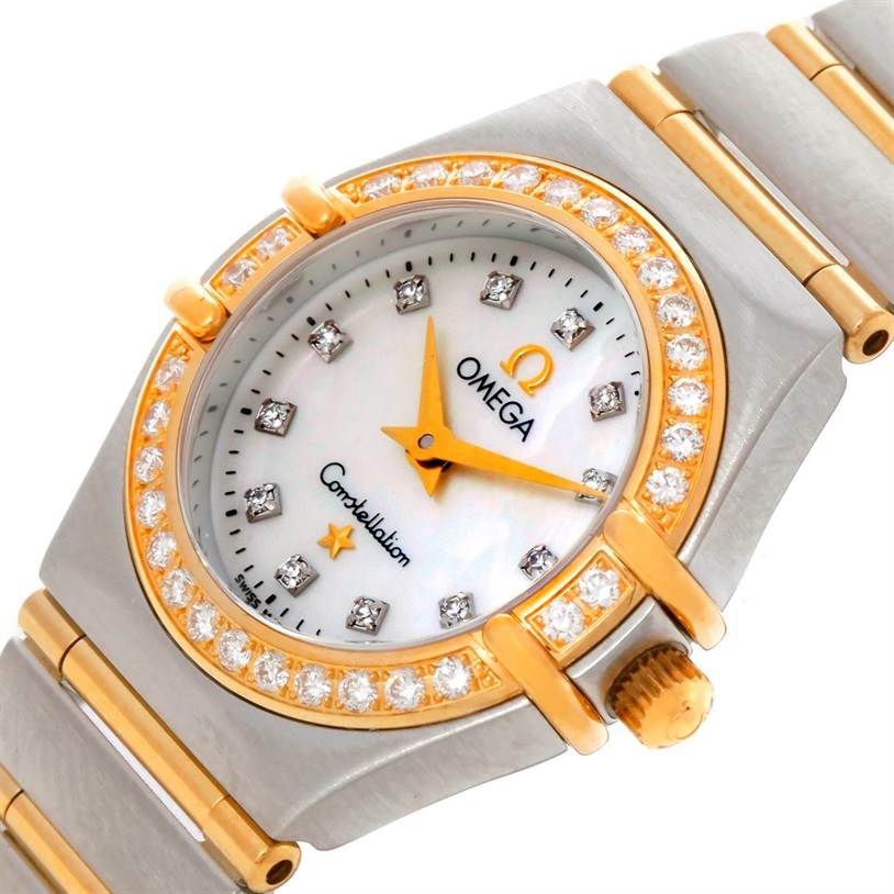 The image shows a close-up of the dial, bezel, crown, and part of the bracelet of the Omega 1267.75.00 Women's Steel and Gold (two tone) Mother of Pearl Dial 1267.75.00 Women's Steel and Gold (two tone) Mother of Pearl Dial Constellation My Choice Steel Gold Diamond Watch 1267.75.00 model.