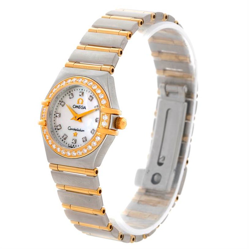 The Omega 1267.75.00 Women's Steel and Gold (two tone) Mother of Pearl Dial 1267.75.00 Women's Steel and Gold (two tone) Mother of Pearl Dial Constellation My Choice Steel Gold Diamond Watch 1267.75.00 model is shown at an angle highlighting the face, bezel, and band.