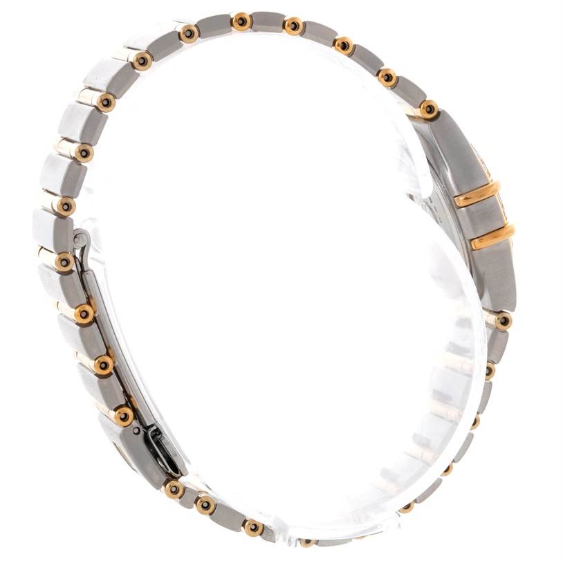 The image shows a side angle of the Omega 1267.75.00 Women's Steel and Gold (two tone) Mother of Pearl Dial 1267.75.00 Women's Steel and Gold (two tone) Mother of Pearl Dial Constellation My Choice Steel Gold Diamond Watch 1267.75.00, highlighting the band and part of the bezel.