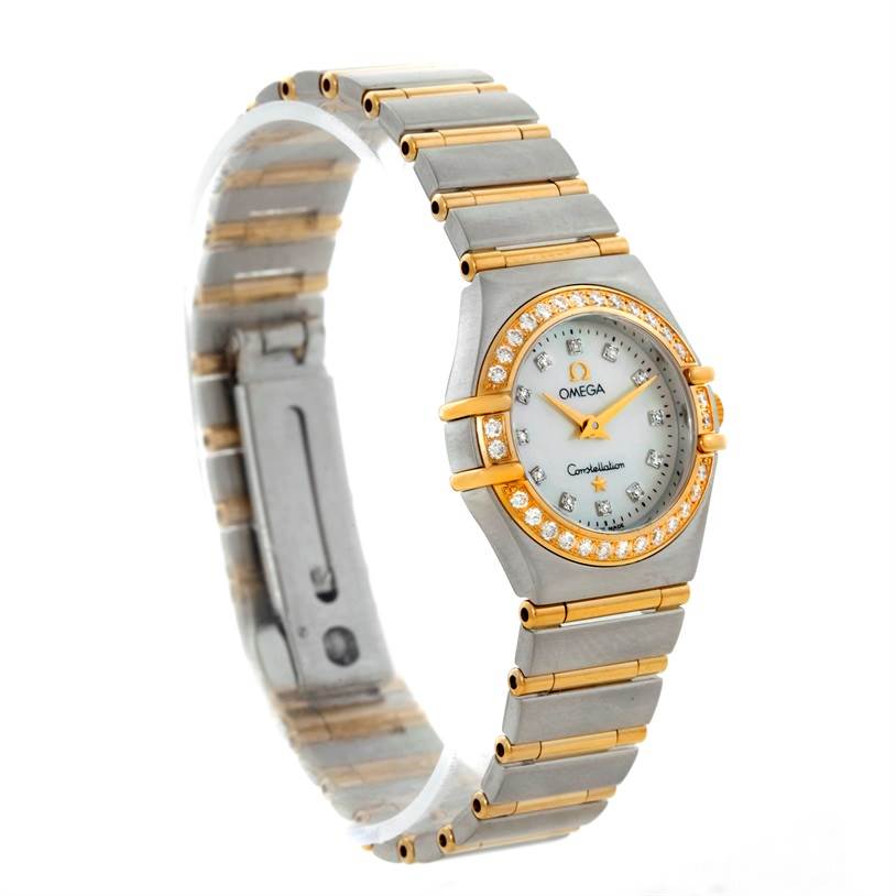 The image shows an angled view of the Omega 1267.75.00 Women's Steel and Gold (two tone) Mother of Pearl Dial 1267.75.00 Women's Steel and Gold (two tone) Mother of Pearl Dial Constellation My Choice Steel Gold Diamond Watch 1267.75.00, displaying its face and bracelet.