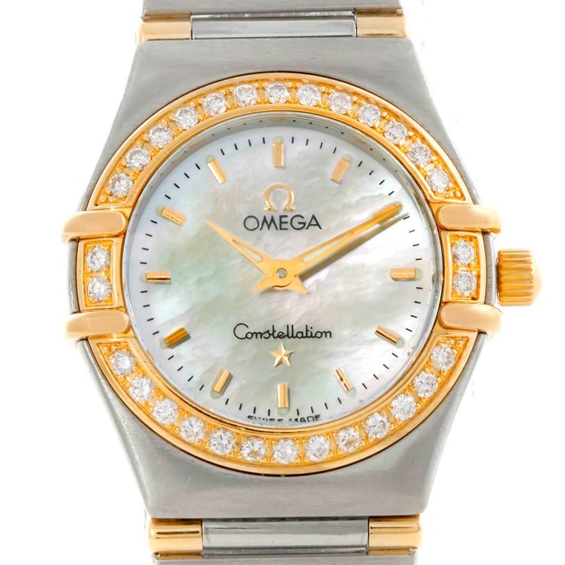 This image shows a frontal view of the Omega 56945066 Women's Steel and Gold (two tone) Mother of Pearl Dial 56945066 Women's Steel and Gold (two tone) Mother of Pearl Dial Constellation Mini Steel and Gold Diamond Watch, highlighting its face, bezel, and bracelet.