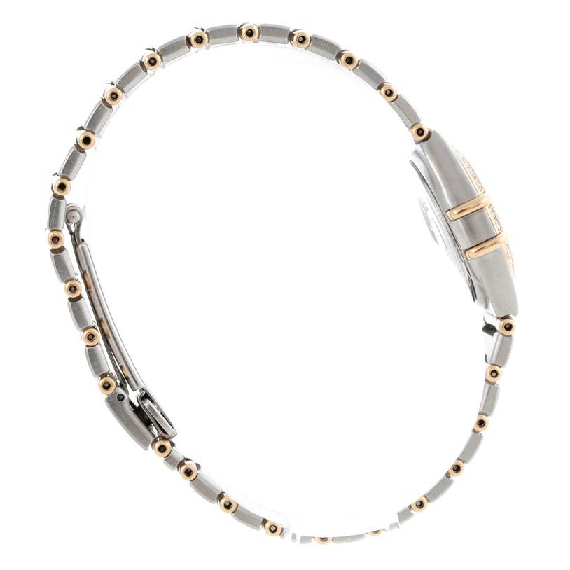 The image shows a side view of the Omega 56945066 Women's Steel and Gold (two tone) Mother of Pearl Dial 56945066 Women's Steel and Gold (two tone) Mother of Pearl Dial Constellation Mini Steel and Gold Diamond Watch, focusing on the bracelet and profile of the case.