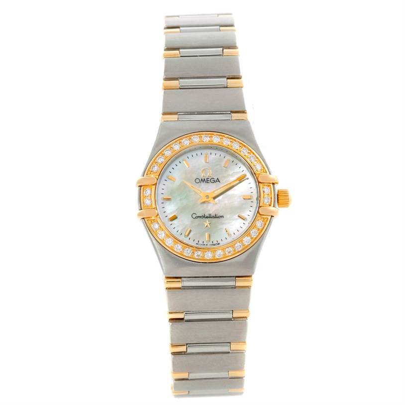 This is a frontal view of the Omega 56945066 Women's Steel and Gold (two tone) Mother of Pearl Dial 56945066 Women's Steel and Gold (two tone) Mother of Pearl Dial Constellation Mini Steel and Gold Diamond Watch, showing the face, bezel, crown, and bracelet.