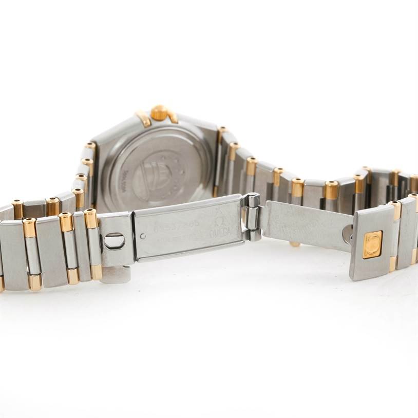 The image shows the back view and clasp of the Omega 56945066 Women's Steel and Gold (two tone) Mother of Pearl Dial 56945066 Women's Steel and Gold (two tone) Mother of Pearl Dial Constellation Mini Steel and Gold Diamond Watch.