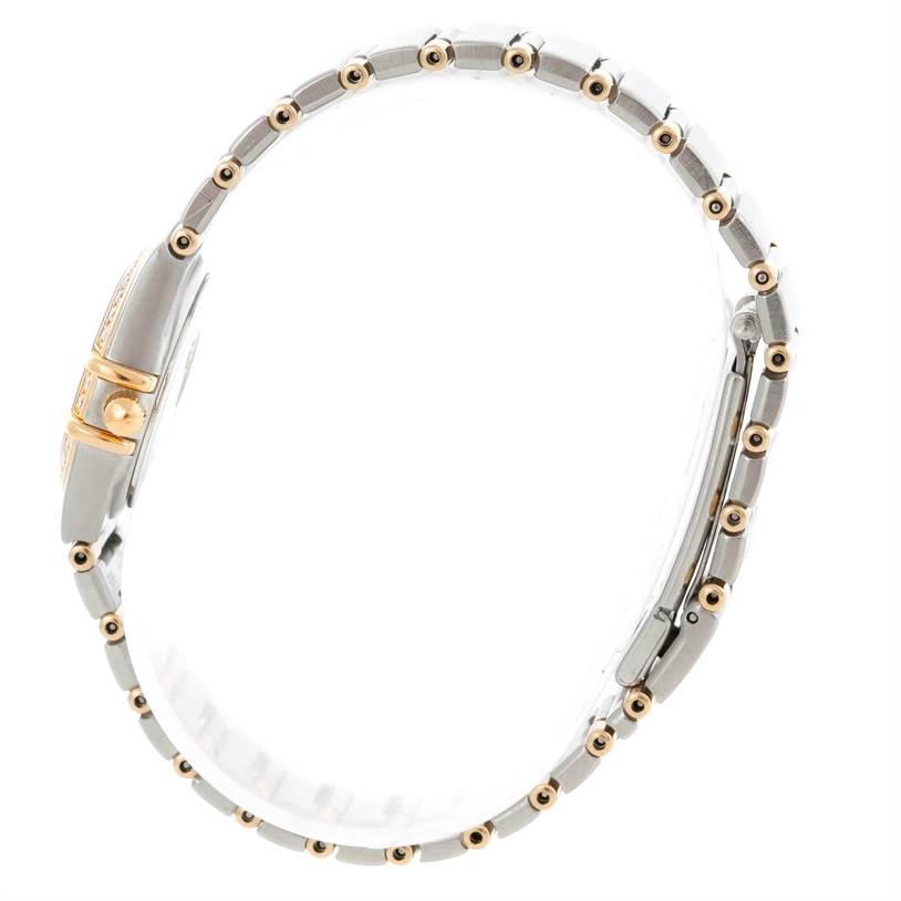 The image shows a side angle of the Omega 56945066 Women's Steel and Gold (two tone) Mother of Pearl Dial 56945066 Women's Steel and Gold (two tone) Mother of Pearl Dial Constellation Mini Steel and Gold Diamond Watch, highlighting the bracelet and part of the clasp.