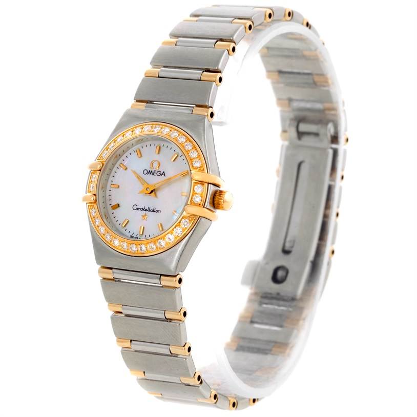 The Omega 56945066 Women's Steel and Gold (two tone) Mother of Pearl Dial 56945066 Women's Steel and Gold (two tone) Mother of Pearl Dial Constellation Mini Steel and Gold Diamond Watch is shown at a slight angle highlighting the face, bezel, and part of the bracelet.